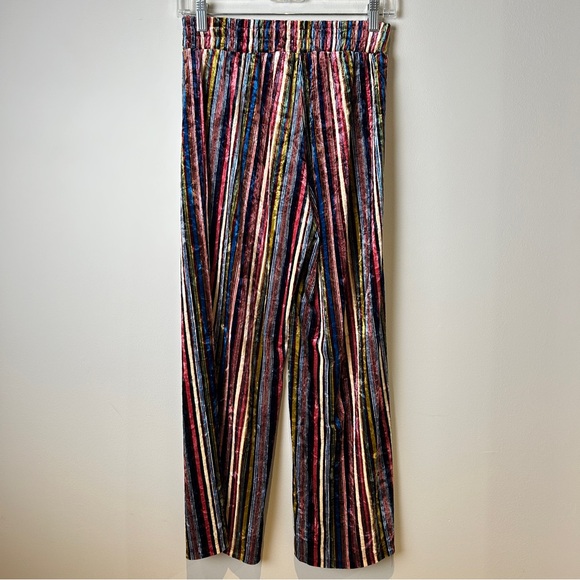 Multicolor Jewel Toned Stripes Crushed Velvet Pants with Elastic Waistband Small - Picture 3 of 10